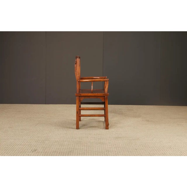 Pair of Qing Dynasty Chinese Horseshoe-Back Armchairs in Carved Elmwood For Sale - Image 11 of 18