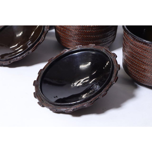Early 20th Century Meiji Japanese Bamboo Basket Soup Rice Bowls Lids Box Lacquer- Set of 5 For Sale - Image 14 of 15