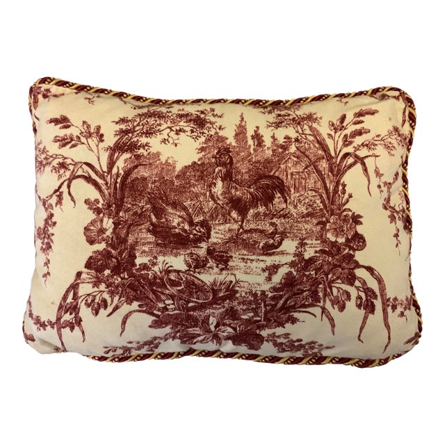 Vintage Custom Red & Ivory French Country Rooster Decorative Pillow For Sale