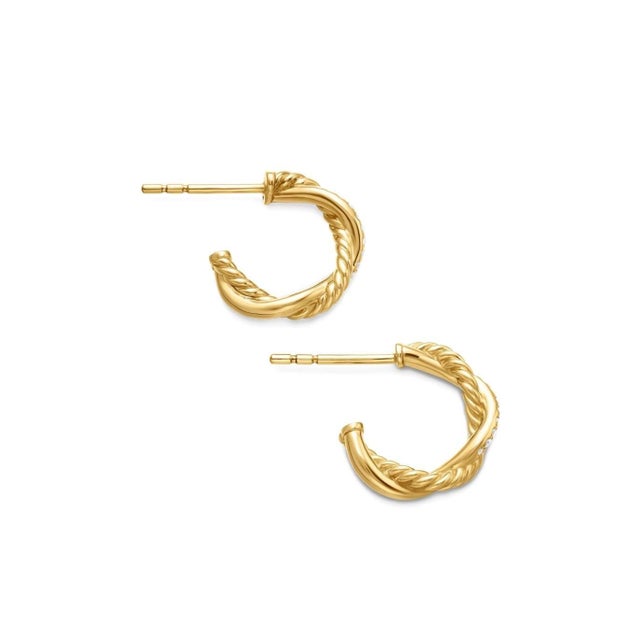 Contemporary David Yurman Petite Pave Infinity Diamond Huggie Hoop Earrings 18k Yellow Gold, A Pair For Sale - Image 3 of 6