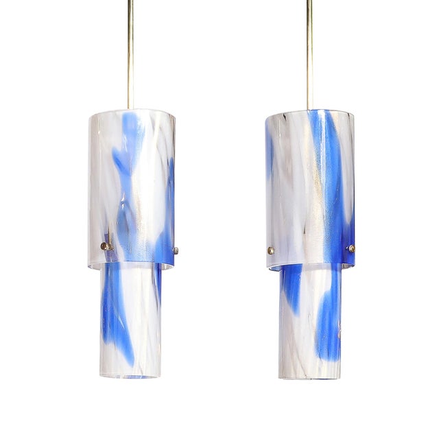 Venini Set of 4 Mid-Century Blue & White Murano Glass Cylindrical Pendants by Venini For Sale - Image 4 of 18