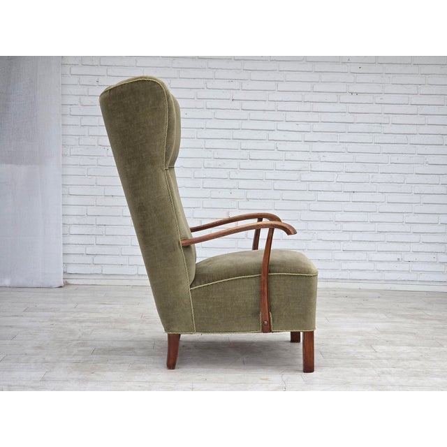 Danish Oak Highback Armchair with Velour Upholstery, 1960s For Sale - Image 10 of 18