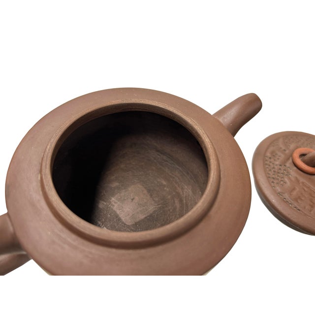 Sculpture Materials Vintage Brown Round Shape Coin Pattern Zisha Clay Teapot Art Display For Sale - Image 7 of 7