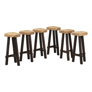Set of 6 Vintage French Wood and Hemp Bar Stools Attributed to Adrien Audoux and Frida Minet For Sale
