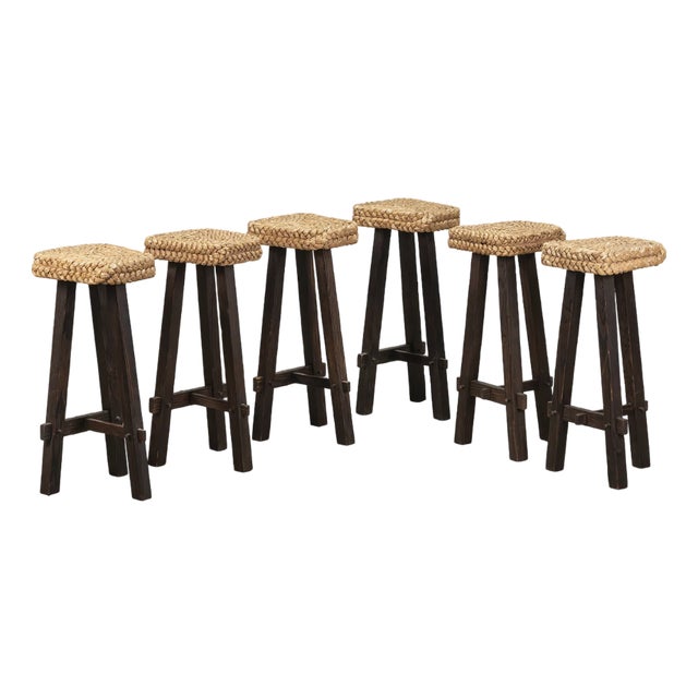Set of 6 Vintage French Wood and Hemp Bar Stools Attributed to Adrien Audoux and Frida Minet For Sale