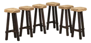 Set of 6 Vintage French Wood and Hemp Bar Stools Attributed to Adrien Audoux and Frida Minet