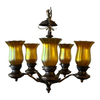 1910s Art Nouveau Quetzal Iridescent Blown Glass and Bronze Chandelier For Sale