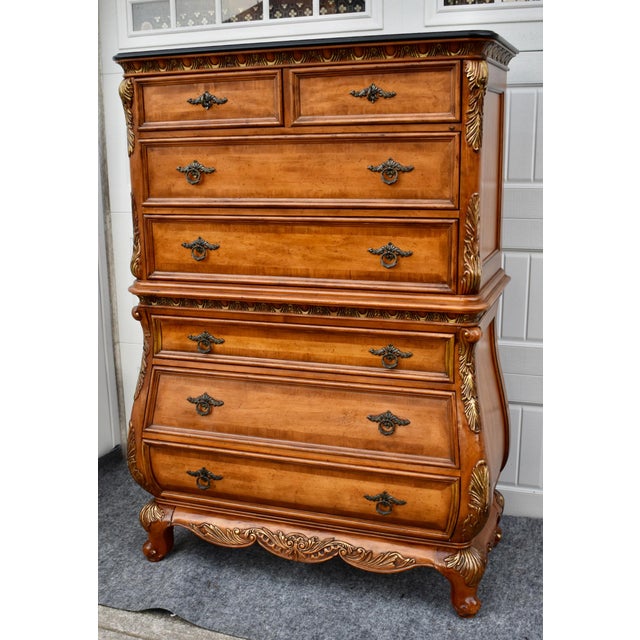 Wood Legacy Carved Bombe Tall Chest French Style Pine Dresser W/Gold Details For Sale - Image 7 of 17