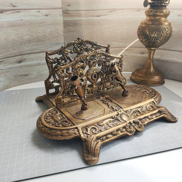 Antique Italian Neo-Baroque Style Letter and Writing Accessory Stand: A Double Pen Holder and a Paper Tray For Sale - Image 6 of 14