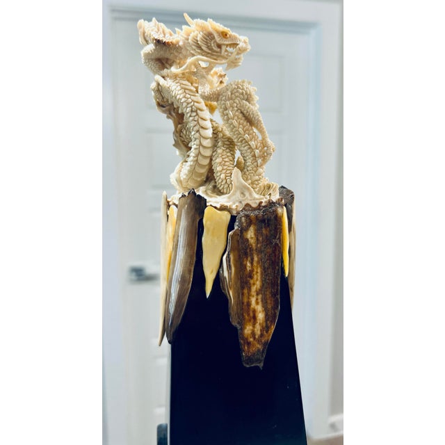 Brown Mid 20th Century Dragon Sculpture Featuring Carved Fossil Walrus Material Figure, Mounted on a Decorative Pedestal Display. For Sale - Image 8 of 10