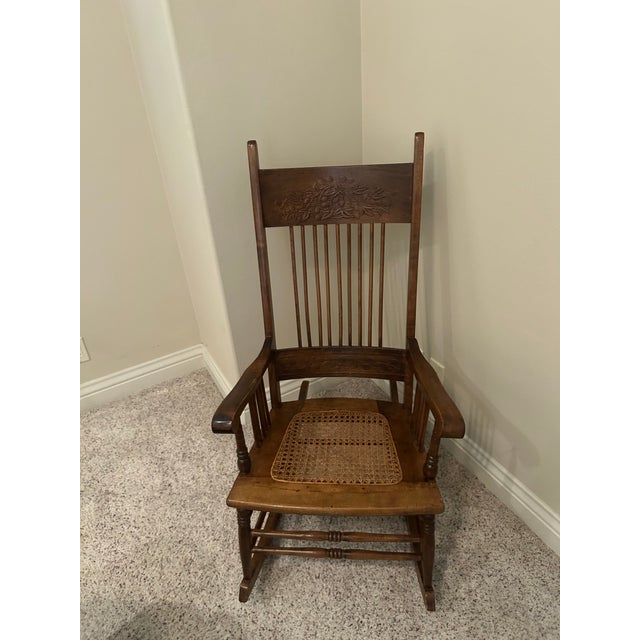 Arts & Crafts Vintage Arts & Crafts Carved Oak High-Back Rocking Chair With Cane Seat &Arms For Sale - Image 3 of 7