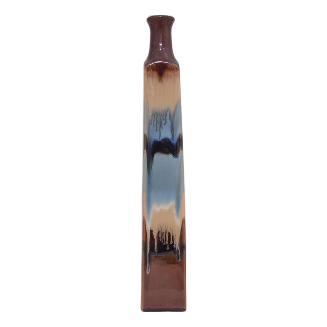 Aqua Drip Glaze 18" Spire Stoneware Vase For Sale