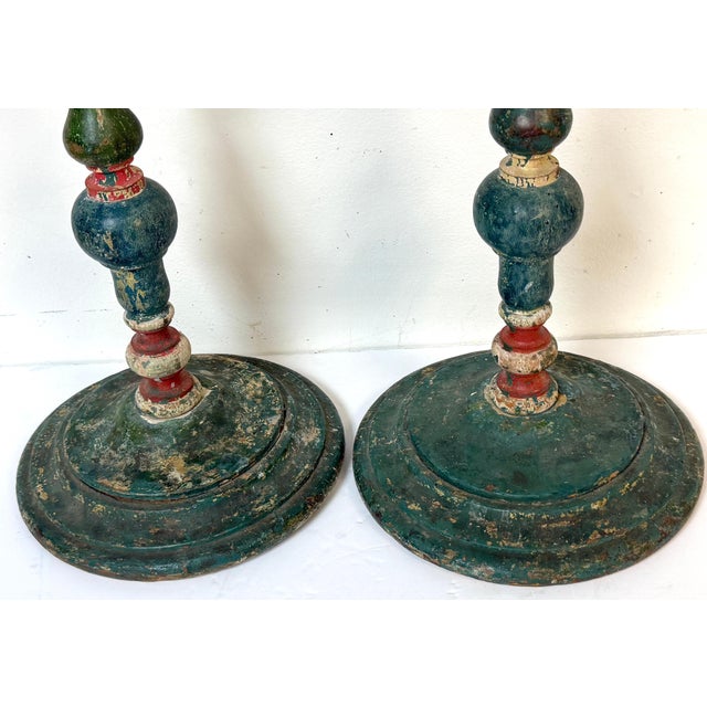 Pair Tuscan Polychrome Wooden Altar Candlesticks, Worn Patina, 18th / 19th C. For Sale - Image 16 of 17