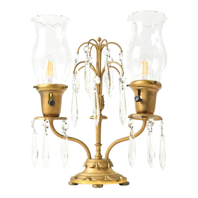 Antique French Girandole Waterfall Crystal Table Lamp For Sale