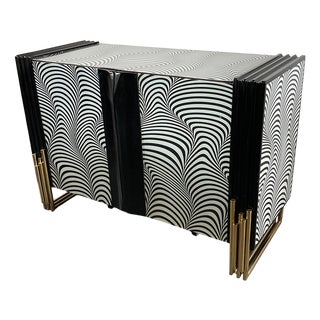 2-Door Sideboard in Black and White Waves Printed Glass, 1980s For Sale