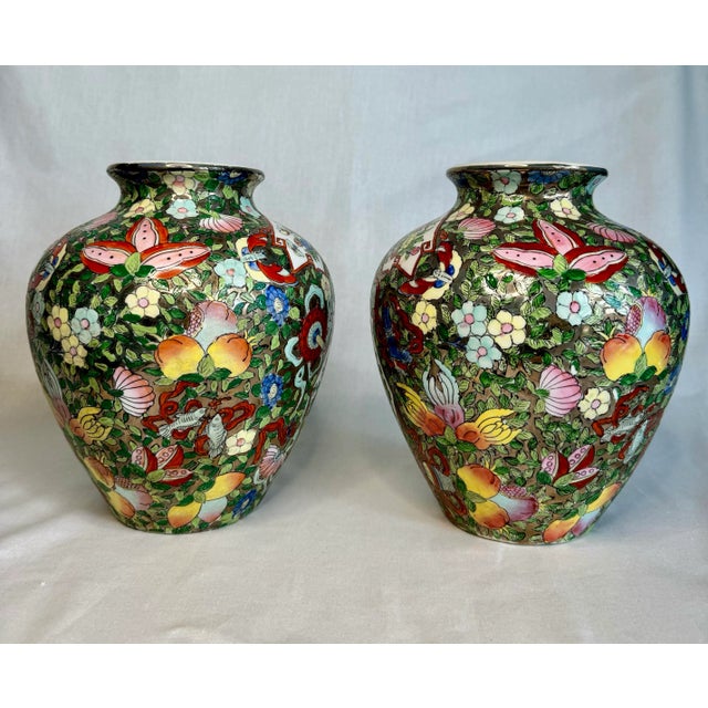 Mid Century Floral Chinoiserie Glazed Ceramic Ginger Jars, a Pair For Sale - Image 4 of 12