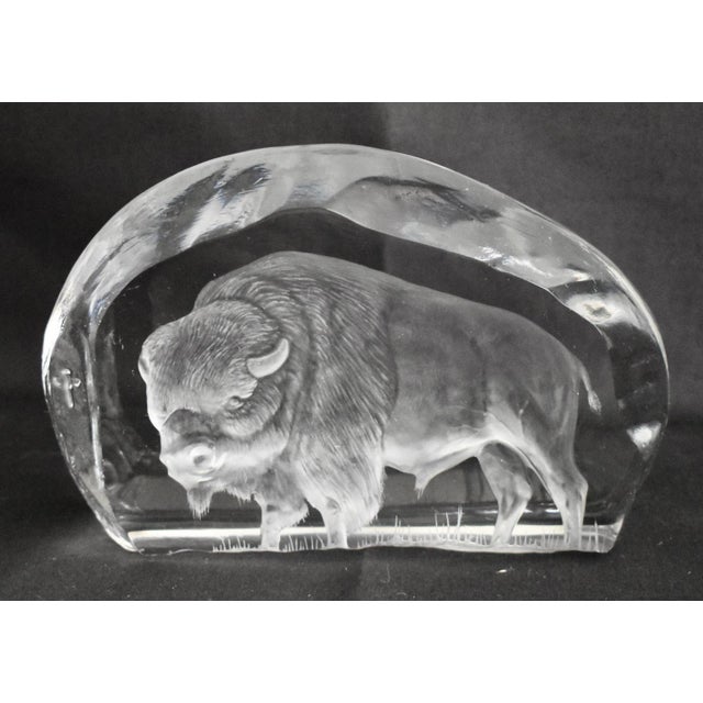 Transitional Vtg. Crystal Paperweight W/Frosted Bison/Buffalo Figure - Signed For Sale - Image 3 of 3
