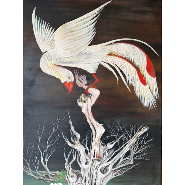 1970s Vintage Surrealist Bird & Tree Oil on Canvas Painting, Framed, Signed b.d.c. For Sale - Image 9 of 12