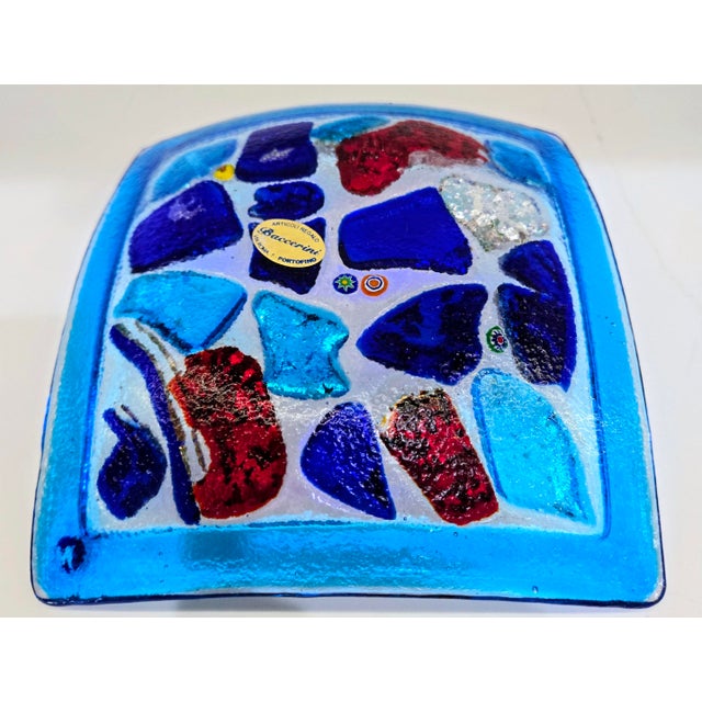 Glass Baccerini Portofino Fused Art Glass Catchall Dish – Blue & Gold Square Italian Trinket Tray For Sale - Image 7 of 8