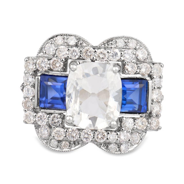 Contemporary 1960s Mid Century Gia 2.08 Carat Old Mine Cut Diamond Sapphire Platinum Cocktail Ring, Size 6.75 For Sale - Image 3 of 8