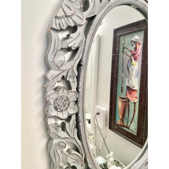 Hand-Carved Indonesian Style Oval Mirror in Grey For Sale - Image 4 of 7