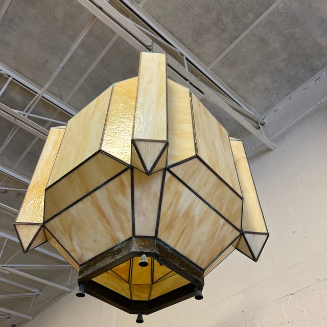 Beautiful extra-large antique lantern made of slag glass. The lantern has developed a beautiful verdigris patina that...