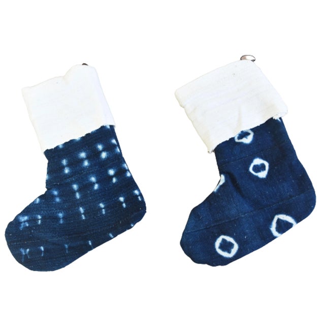Blue Blue & White One-Of-A-Kind African Textile Christmas Stockings, S/2 For Sale - Image 8 of 9