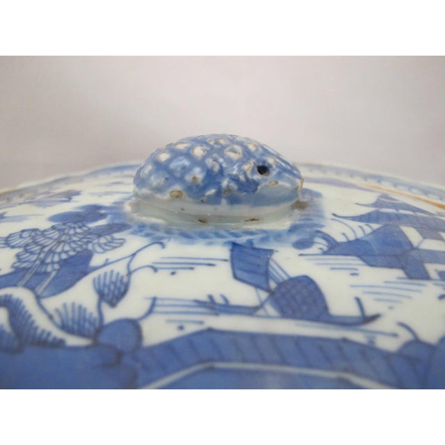 Ceramic Chinese Export 19thc Canton Blue Village Porcelain Oval Serving Bowl With Lid For Sale - Image 7 of 13