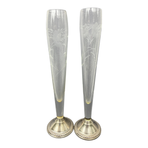 Vintage Duchin Sterling Weighted Base and Etched Floral Bud Vases- a Pair