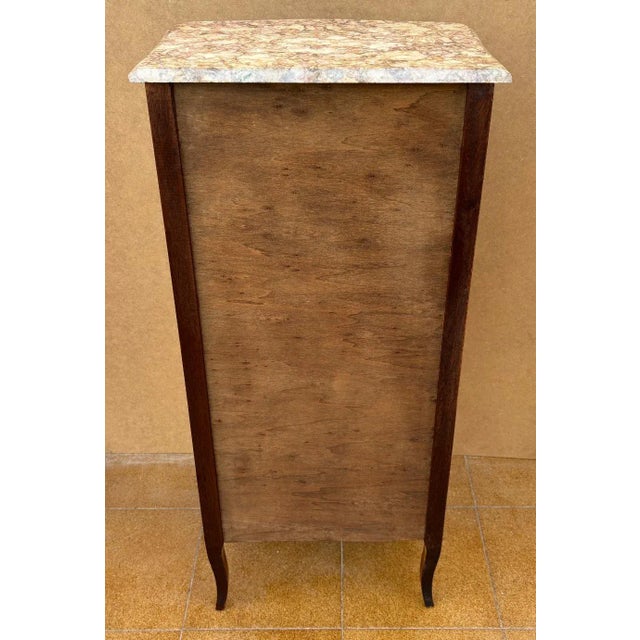 Brown French Marquetry Chest of Drawers with Marble Top, 1940s For Sale - Image 8 of 9