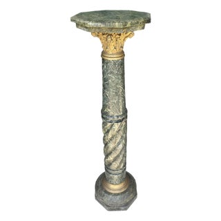 Fine Antique 1800s Verde Antico Marble Column Pedestal Ft. Gilded Corinthian Capital For Sale