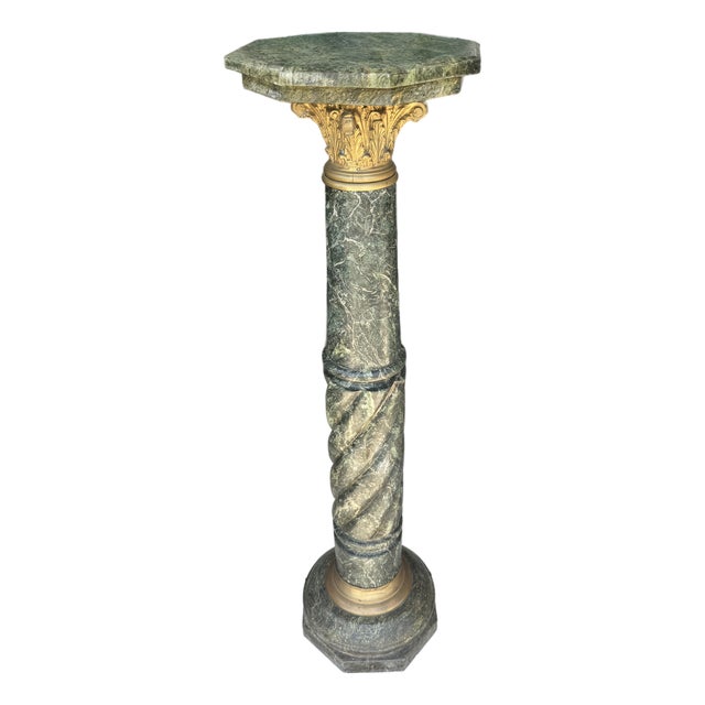 Fine Antique 1800s Verde Antico Marble Column Pedestal Ft. Gilded Corinthian Capital For Sale
