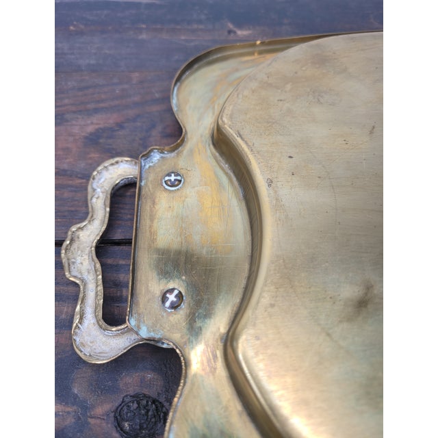 Brass Mid 20th Century Hollywood Regency Solid Brass Tray With Art Nouveau Style Handles For Sale - Image 8 of 12