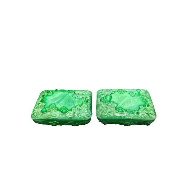Vintage pair of Malachite trinket boxes. Each box is intricately carved in a emerald green color