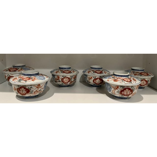 Antique Colored-Imari Rice/Soup Bowls With Lids - Rare Collection of Set of 12 For Sale - Image 11 of 18