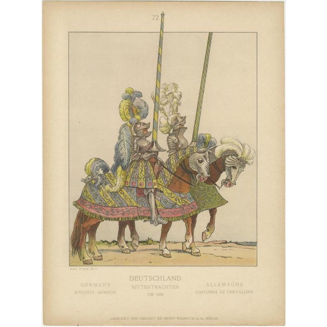 Antique Crusading Knights Plate, Hand-Colored Medieval Print c.1880 This dramatic antique costume plate presents an...