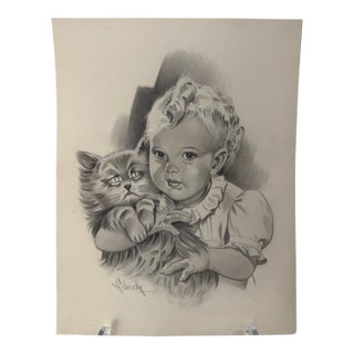 1940s Original Signed Graphite Illustration of Young Girl Holding Cat, 11.5 × 8.75 In. For Sale