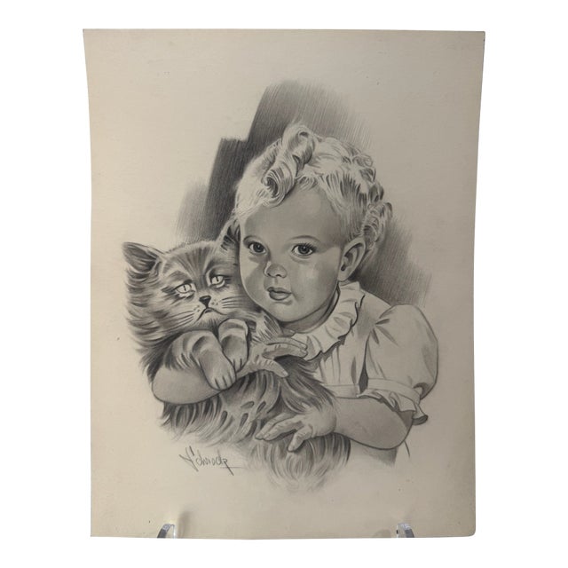 1940s Original Signed Graphite Illustration of Young Girl Holding Cat, 11.5 × 8.75 In. For Sale