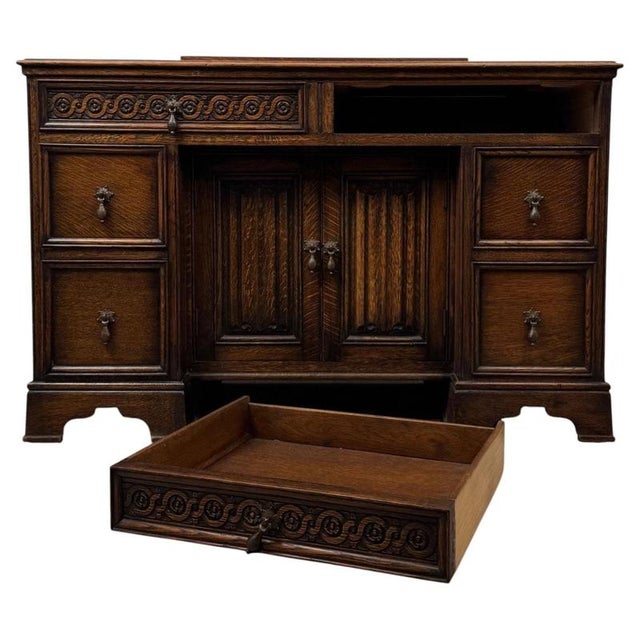 Antique Early 20th Century English Edwardian Carved Oak Desk For Sale - Image 3 of 13