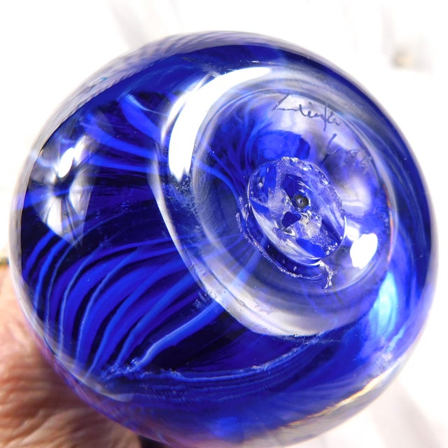 Glass 1980s Tall Blue Signed Art Glass Perfume Bottle For Sale - Image 7 of 7