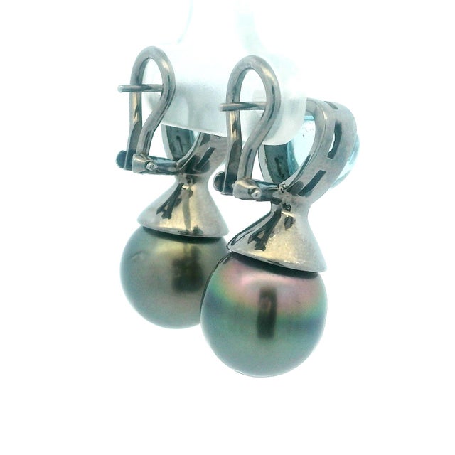 18k Black Rhodium Heart Aquamarine & Black Pearl Drop Earrings, Pair For Sale - Image 4 of 10