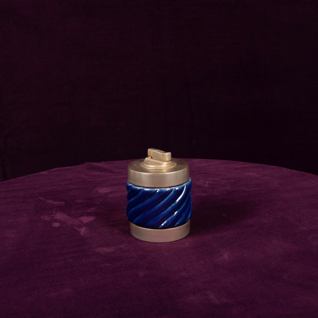 Blue Blue Glazed Ceramic and Brass-Toned Metal Table Lighter by Tommaso Barbi, 1970s For Sale - Image 8 of 17