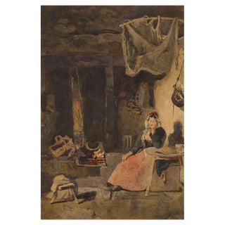 William James Müller, Interior with Woman Seated by Fire, Early 19th Century, Watercolour For Sale