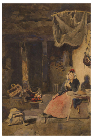 William James Müller, Interior with Woman Seated by Fire, Early 19th Century, Watercolour