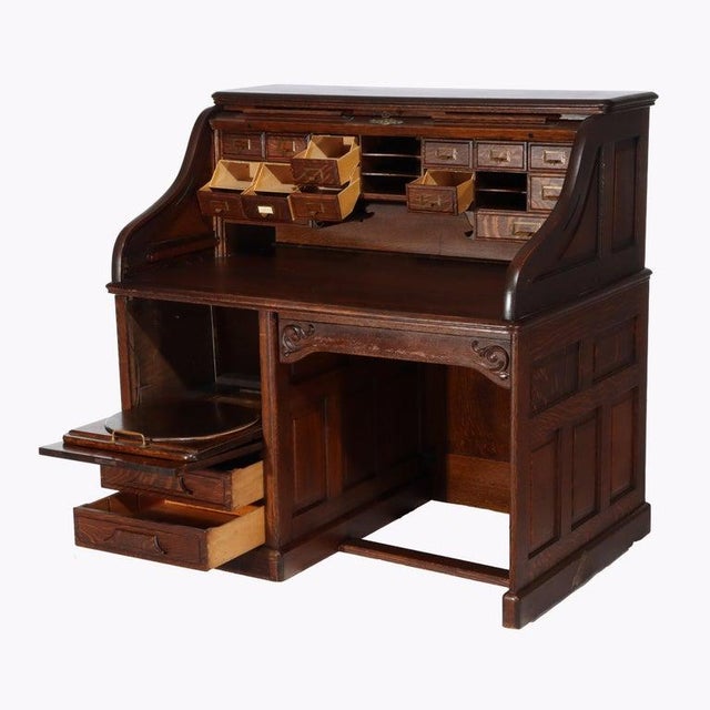 Antique Gunn Furniture Co. Oak S-Roll Top Paneled Single Pedestal Desk C1900 For Sale - Image 4 of 12