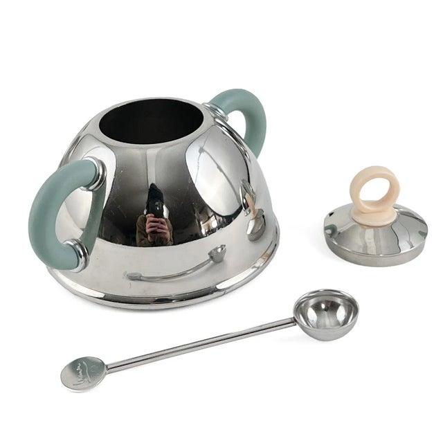 Postmodern Vintage 2000s Postmodern Wear Stainless Steel Coffee Serving Set With Creamer, Sugar, Spoon, & Round Glass Tray by Michael Graves For Sale - Image 3 of 10