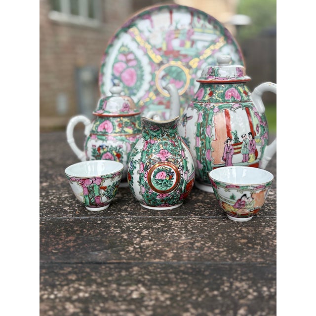 Rose Vintage Porcelain Rose Medallion Coffee Tea Service Set of 6 For Sale - Image 8 of 11