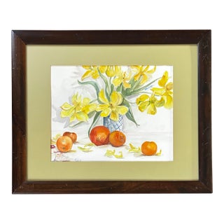 Vintage 1970’s Impressionist Watercolor Still Life of Daffodils and Oranges For Sale