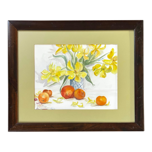 Vintage 1970’s Impressionist Watercolor Still Life of Daffodils and Oranges