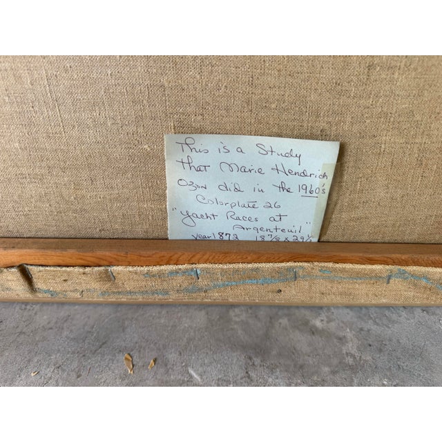 Sky Blue 1960's Marie Hendrich Ozon " Yacht Races at Argenteuil " Oil on Canvas Painting After Monet Sold For Sale - Image 8 of 12